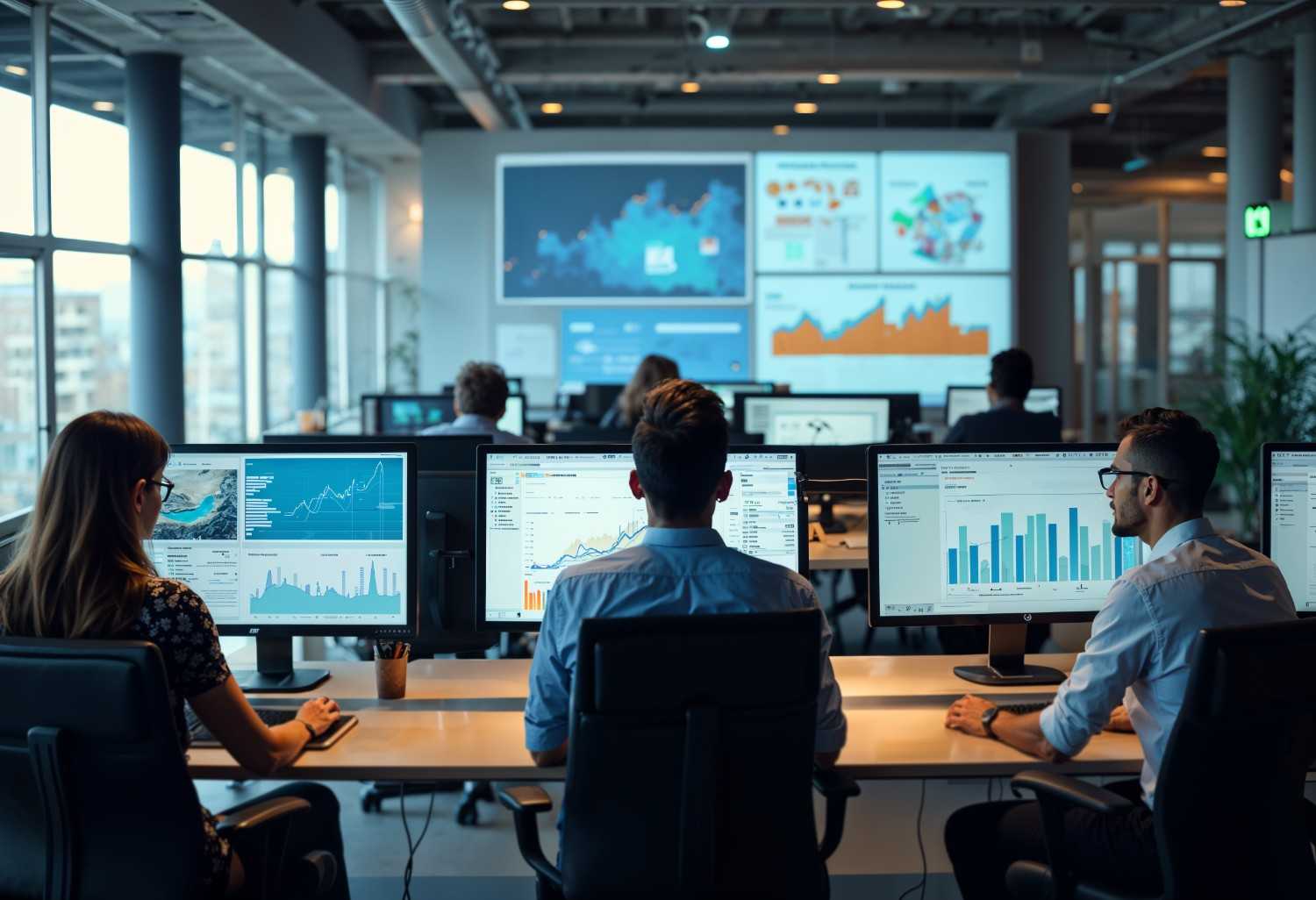 Small business team reviewing AI-driven marketing performance and campaign data on digital dashboards